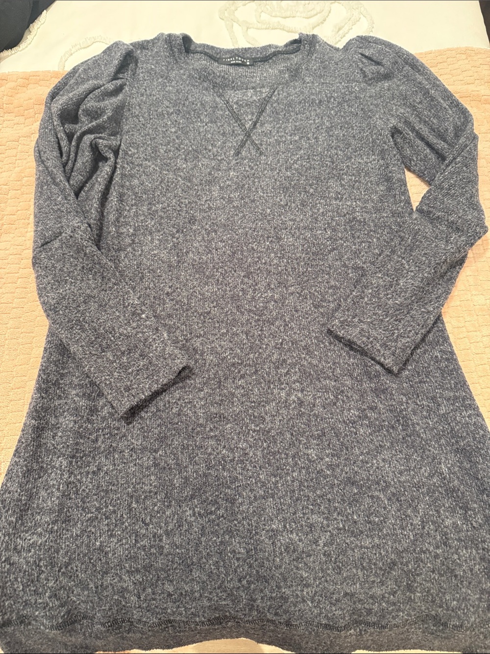 Final Touch Heathered Gray Puff-Sleeve Crewneck Sweater Dress
